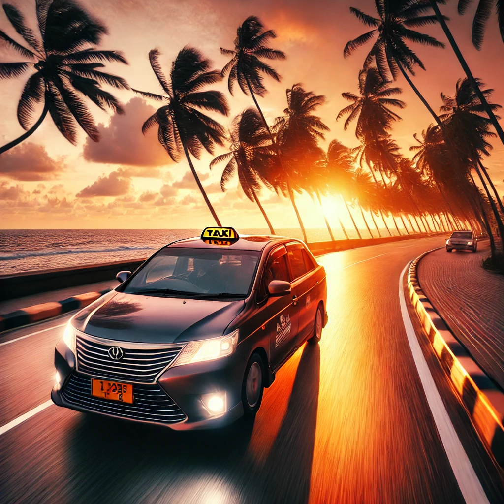 Taxi cab on a coastal highway at sunset with palm trees and ocean view, representing the Mirissa to Negombo journey.
