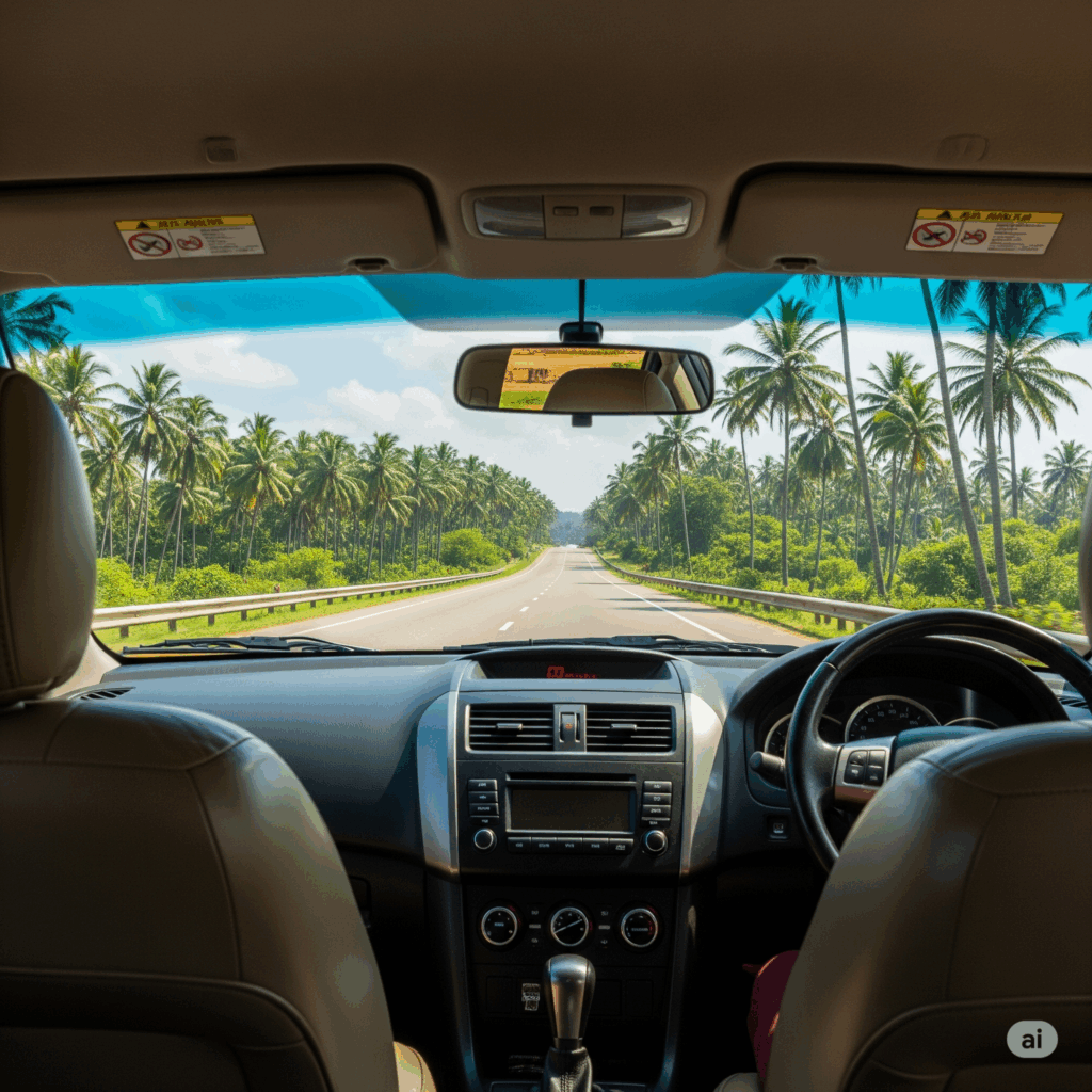 The scenic view of a Sri Lankan highway from inside a car during the comfortable journey from Dambulla to the airport.
