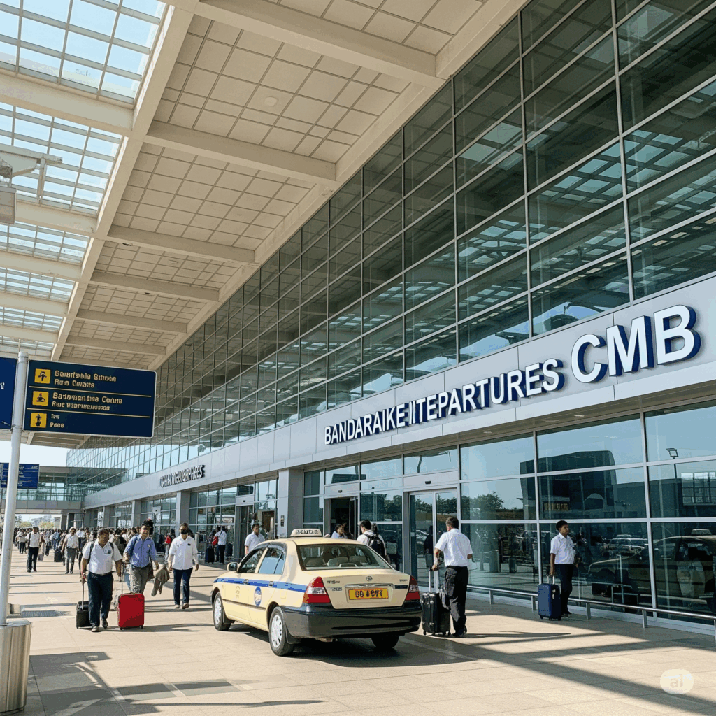 The modern departures terminal at Bandaranaike International Airport (CMB), the destination for a Dambulla to Colombo Airport taxi.