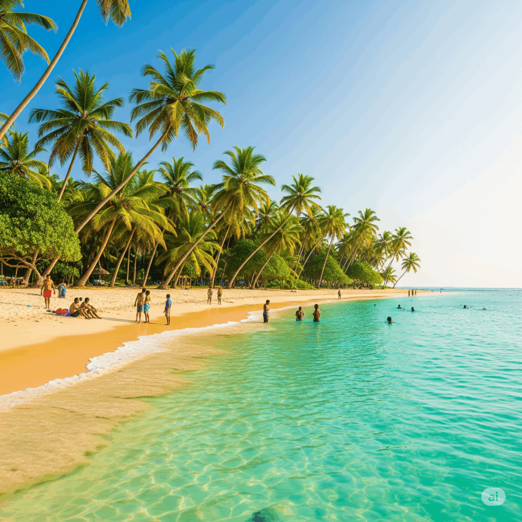 Pasikuda beach with shallow turquoise water and palm trees.