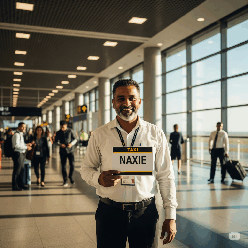 Friendly taxi driver holding a name sign in an airport arrival hall.