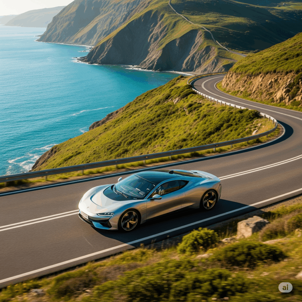 A modern car driving on a scenic road, representing a comfortable Pasikuda to Airport transfer with Cabbuddy.lk.