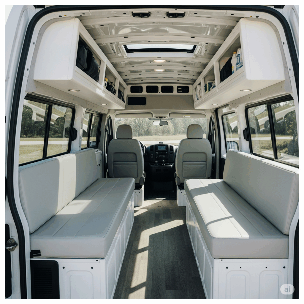 The spacious and clean interior of a van, perfect for a comfortable Pasikuda to Airport van service for families and groups.