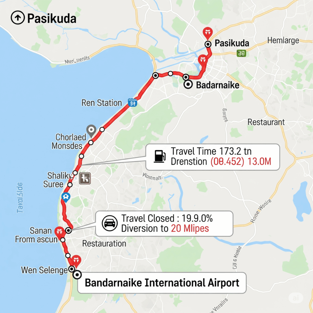 A map outlining the 266km route from Pasikuda to Airport (Bandaranaike International Airport - BIA) in Sri Lanka, highlighting the long-distance journey.