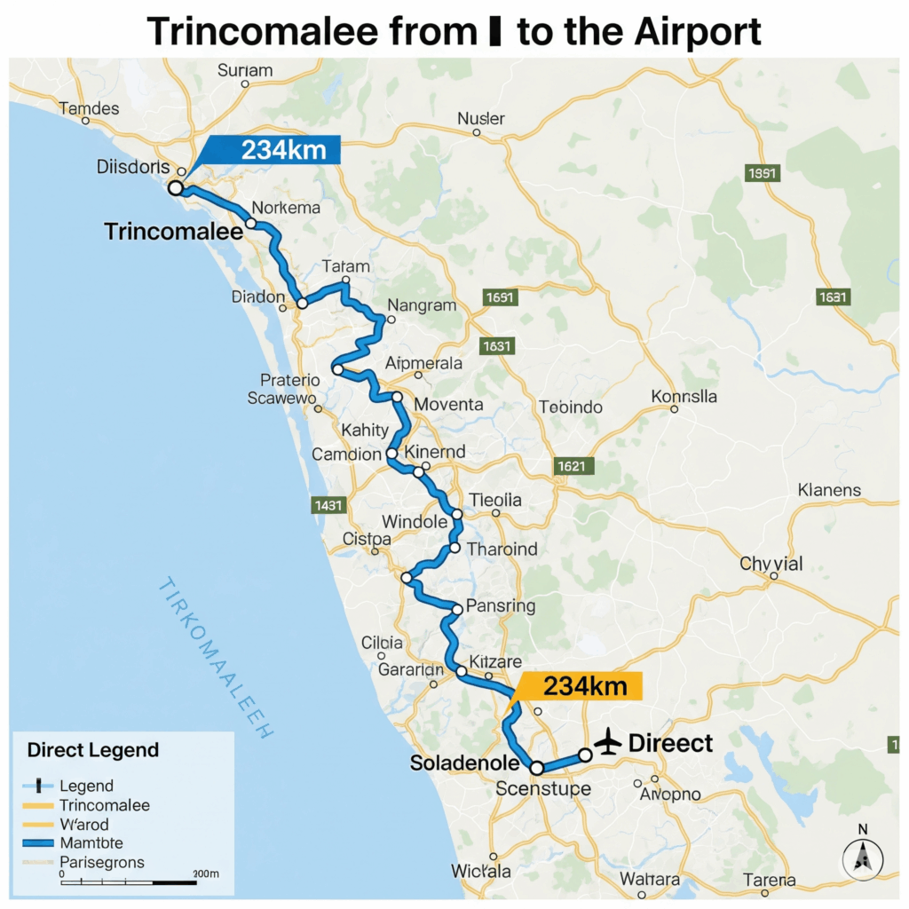 Map showing the 234km route for a direct Trincomalee to Airport taxi service.