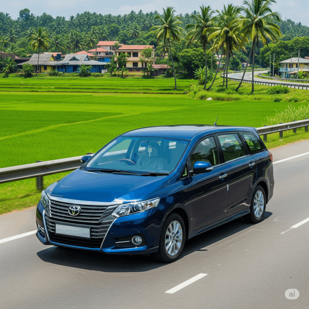 A comfortable Cabbuddy.lk taxi, representing an excellent choice for your Airport to Arugam Bay transfer, drives smoothly through Sri Lanka's scenic landscape.