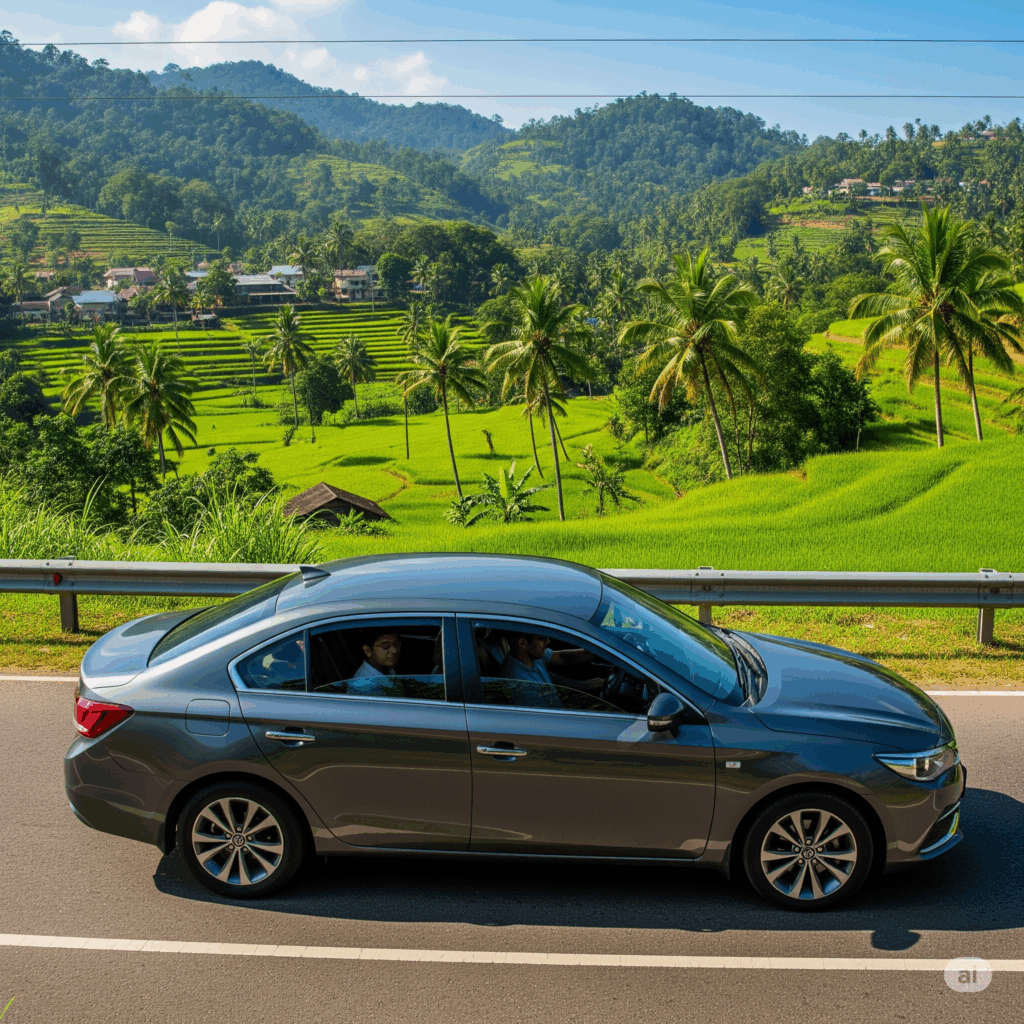 A comfortable, air-conditioned taxi driving from Airport to Polonnaruwa through scenic Sri Lankan landscapes, ready for your journey.
