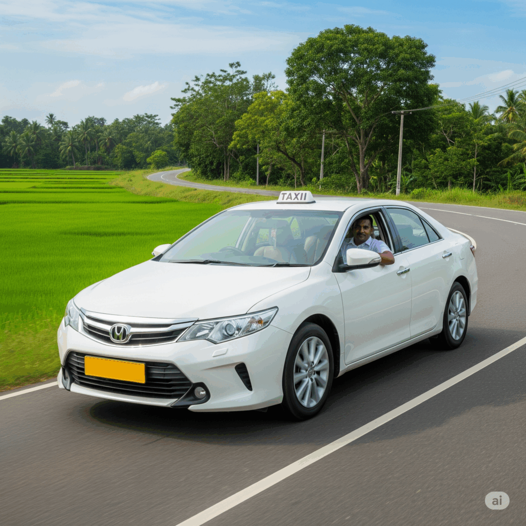 A clean, modern car driving on a scenic road, representing a comfortable Polonnaruwa to Airport taxi transfer.