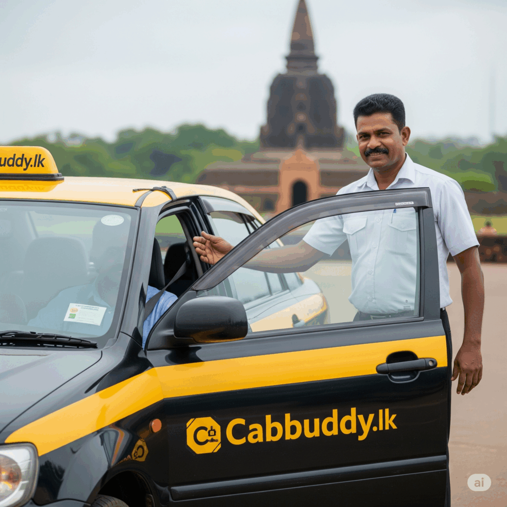 A courteous taxi driver welcoming a passenger, highlighting reliable Polonnaruwa to Airport service with Cabbuddy.lk.