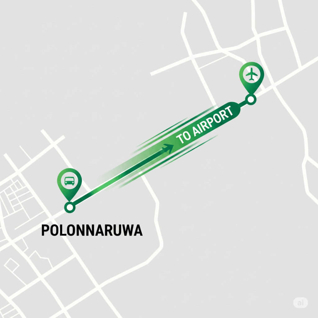 A map graphic illustrating a direct Polonnaruwa to Airport route, symbolizing efficient and timely transfers.