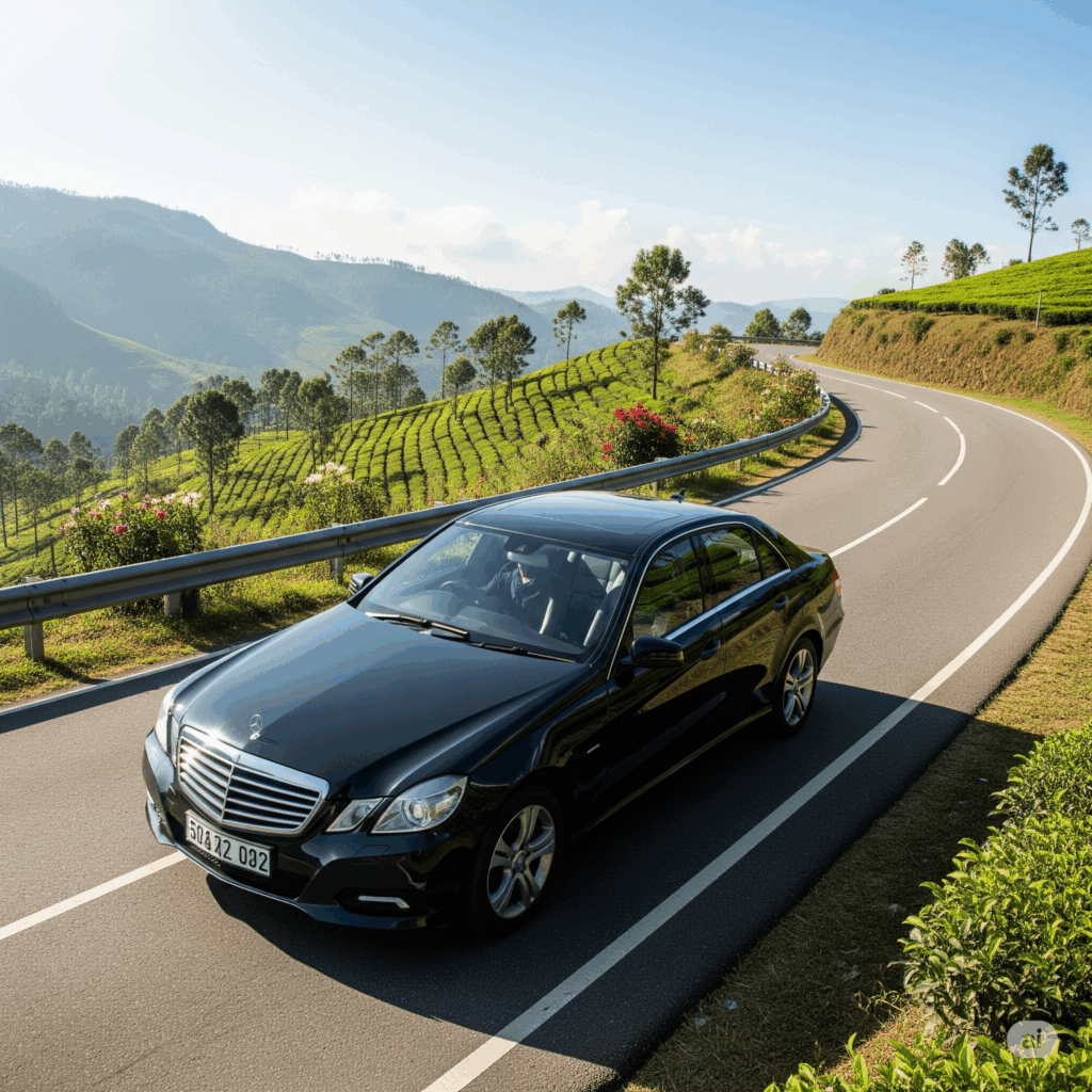 A comfortable taxi car on a scenic road, highlighting a smooth journey for your Airport to Nuwara Eliya transfer.