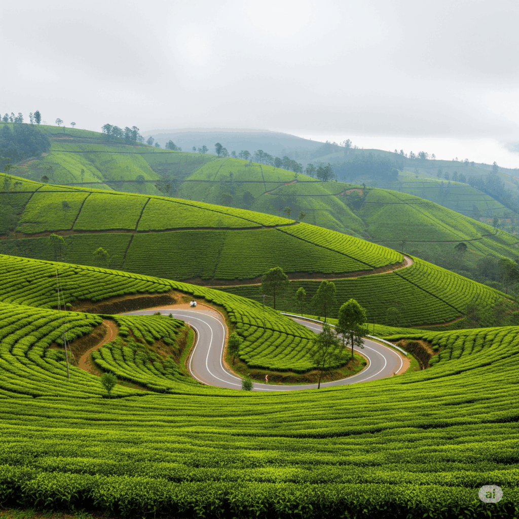 A scenic view of the lush, green tea plantations in Sri Lanka's hill country, illustrating the beautiful start of the Nuwara Eliya to Airport transfer.