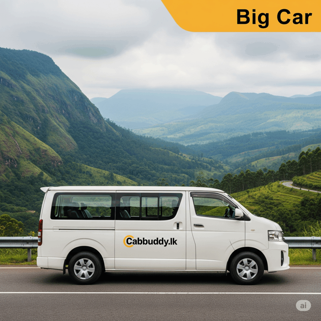 A modern, spacious Cabbuddy.lk van ready for a comfortable and reliable Nuwara Eliya to Airport taxi service, ensuring a safe journey for passengers and luggage.