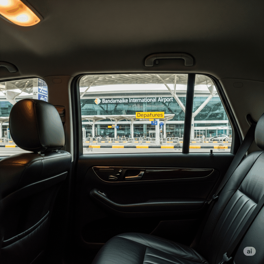 A smooth arrival at the departures terminal of Bandaranaike International Airport, showcasing the punctual and convenient end to a Nuwara Eliya to Airport cab journey with Cabbuddy.lk.
