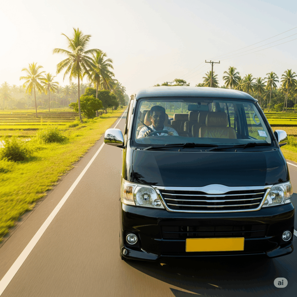 A comfortable Cabbuddy.lk taxi driving through scenic Sri Lankan landscape, illustrating a smooth Udawalawe to Airport transfer.