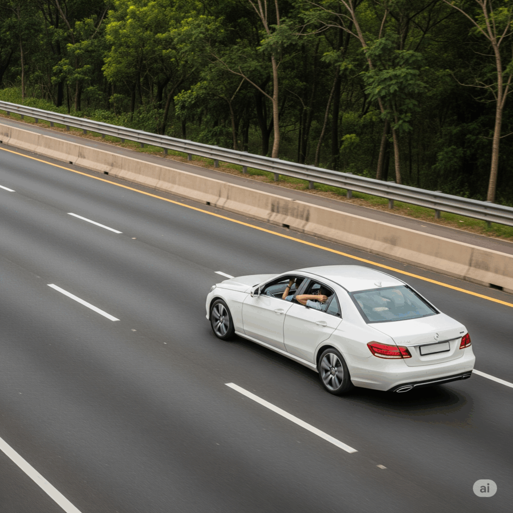 A comfortable, air-conditioned sedan traveling on a modern highway, representing a smooth Thissamaharama to Airport transfer.