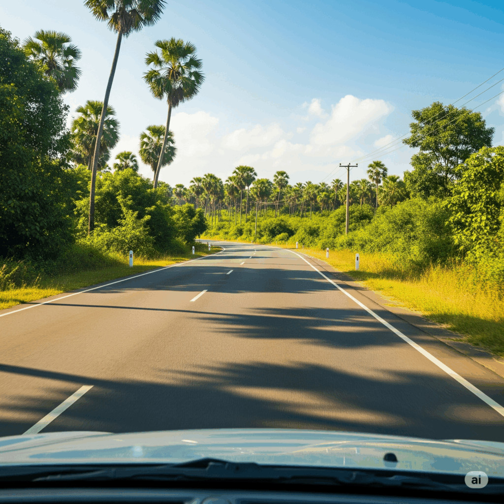 A scenic view of the road during a smooth and comfortable Yala to Airport taxi transfer in Sri Lanka.