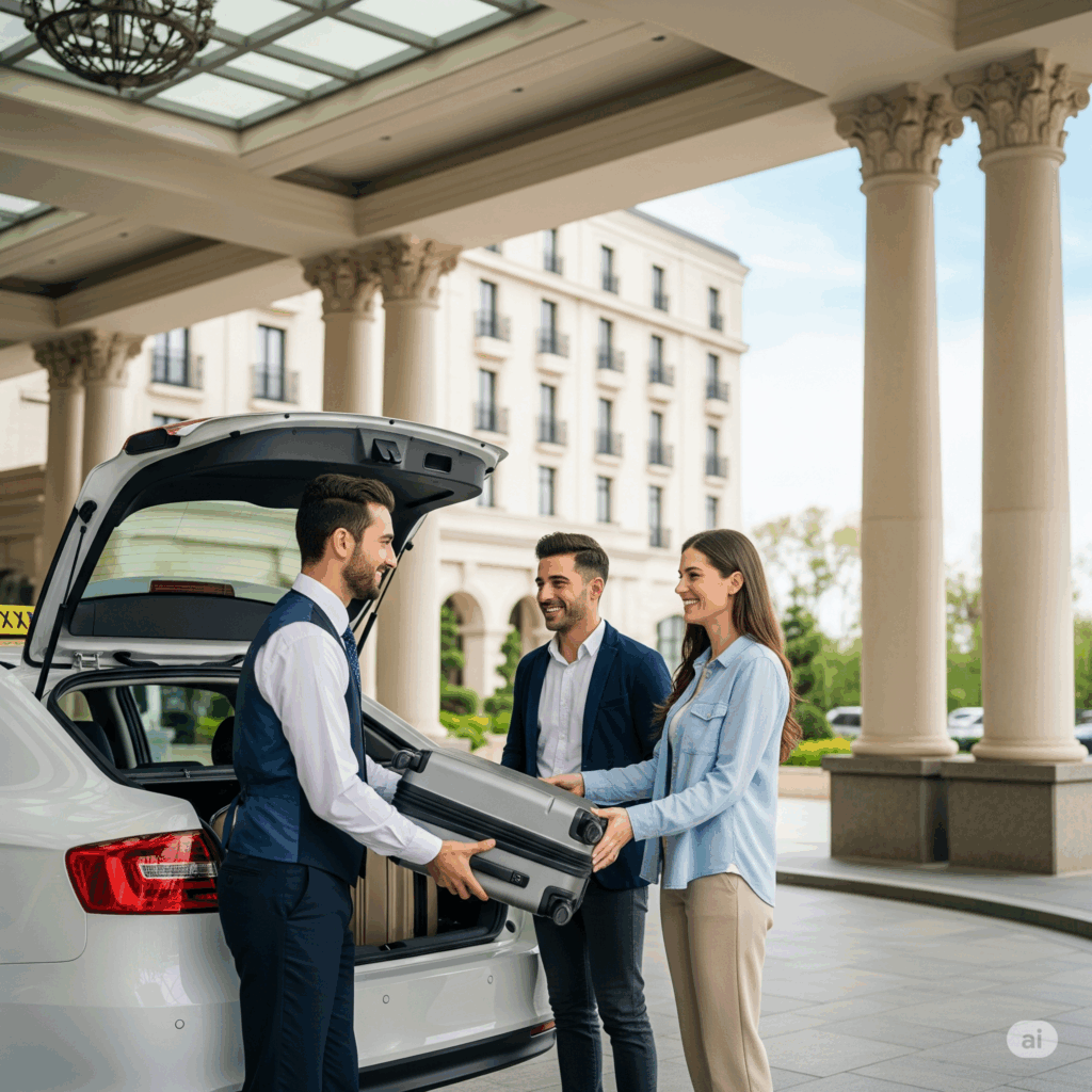 A happy couple receiving professional assistance with their luggage for their stress-free Yala to Airport taxi service.