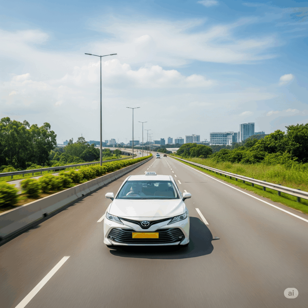 A comfortable, air-conditioned taxi driving on a modern expressway, symbolizing a smooth and efficient Airport to Tangalle transfer.