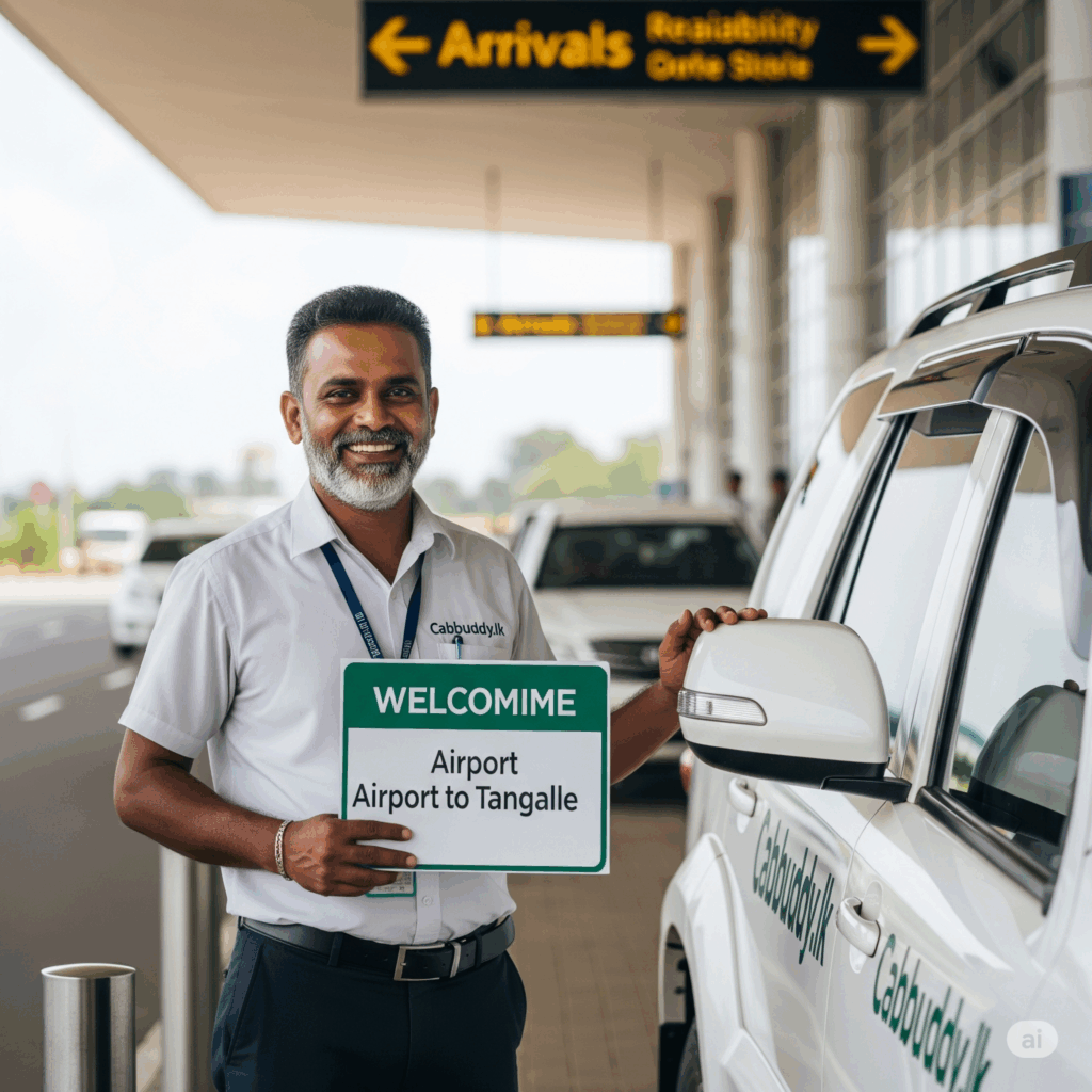 A friendly Cabbuddy.lk driver offering a meet and greet service at the airport, ensuring a seamless start to your Airport to Tangalle journey.