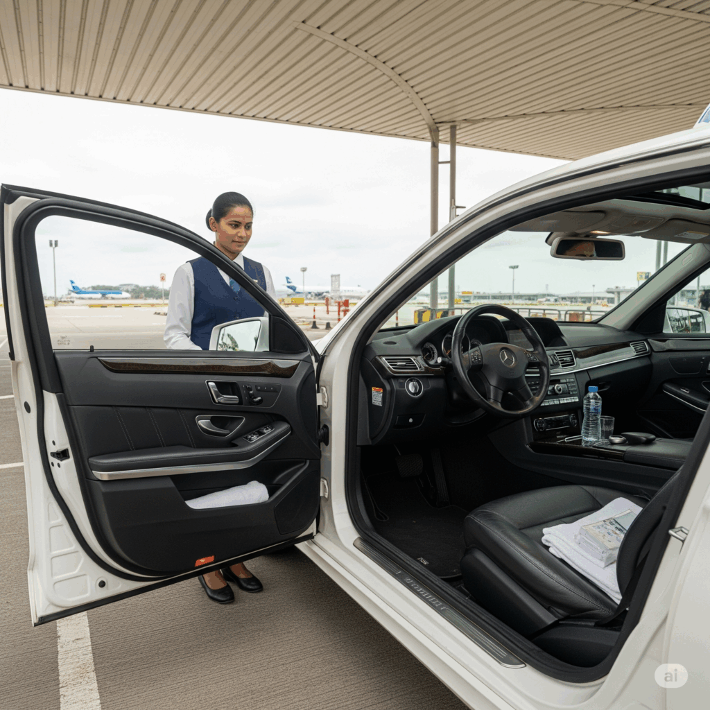 Private taxi waiting at the airport, ready for a comfortable Airport to Hiriketiya transfer.