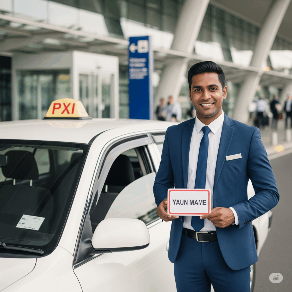 A friendly, professional driver waiting with a sign for a pre-booked Airport to Matara taxi service, ensuring a welcoming and stress-free arrival.