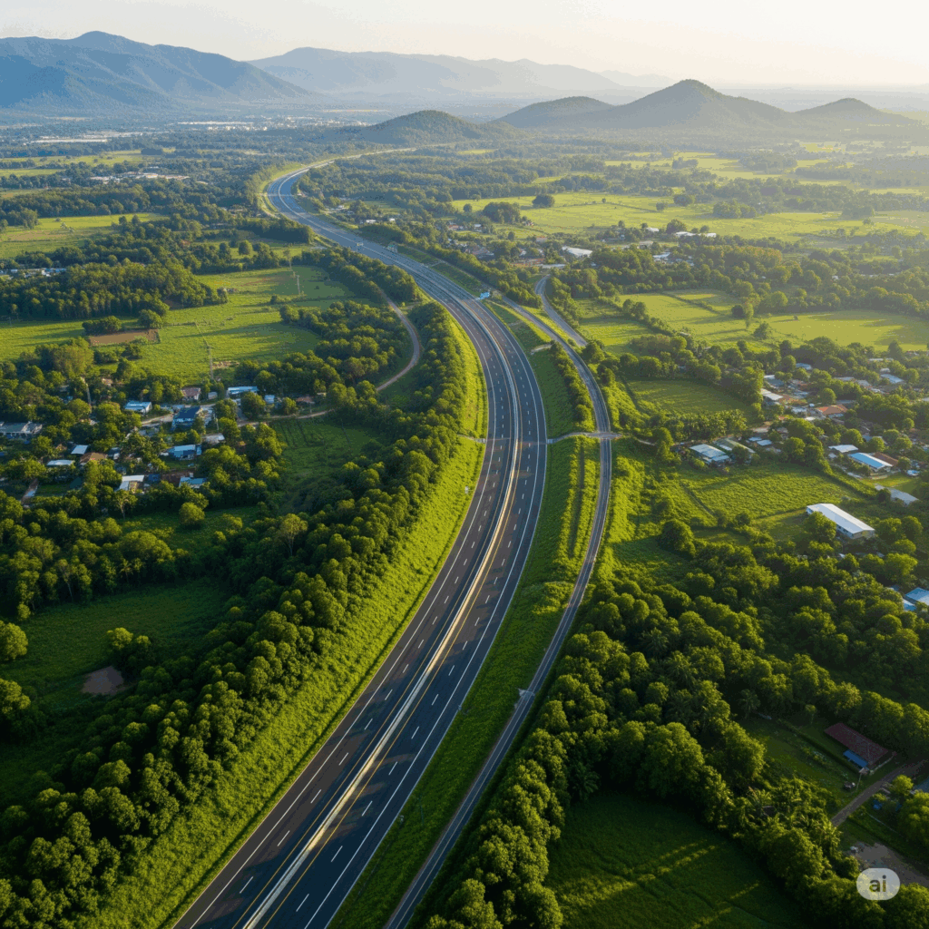 The Southern Expressway (E01) in Sri Lanka, illustrating the efficient and quick route for an Airport to Matara taxi journey through lush landscapes.