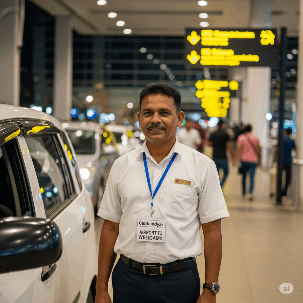 A courteous Cabbuddy.lk driver waiting at the airport arrivals with a name sign, ensuring a hassle-free start to your Airport to Weligama journey.