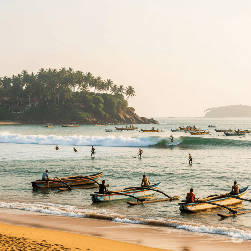 The beautiful Weligama Bay with surfers and fishing boats, representing the serene destination awaiting travelers after their comfortable Airport to Weligama taxi ride.