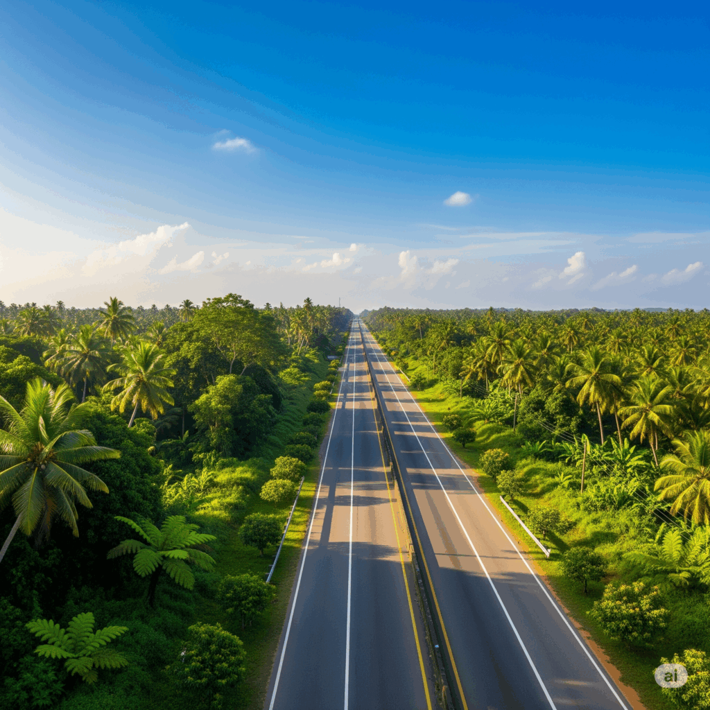 A modern highway showcasing the scenic route from Airport to Ahangama, with lush Sri Lankan landscapes.