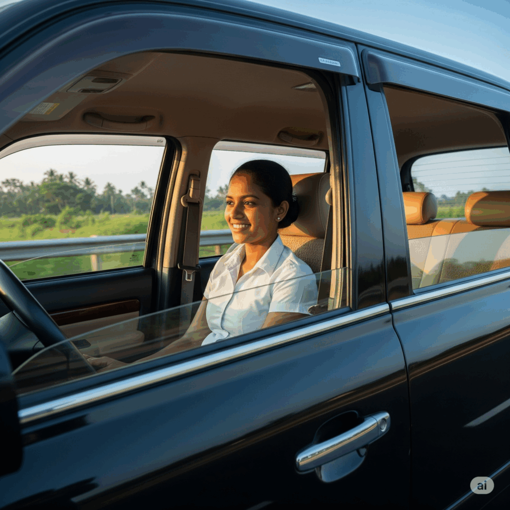 A comfortable private taxi on the Southern Expressway, symbolizing a smooth Airport to Thalpe transfer.