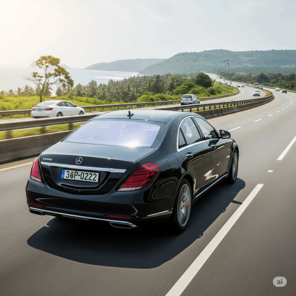 Private transfer from Airport to Unawatuna: A comfortable car drives on the scenic Southern Expressway.