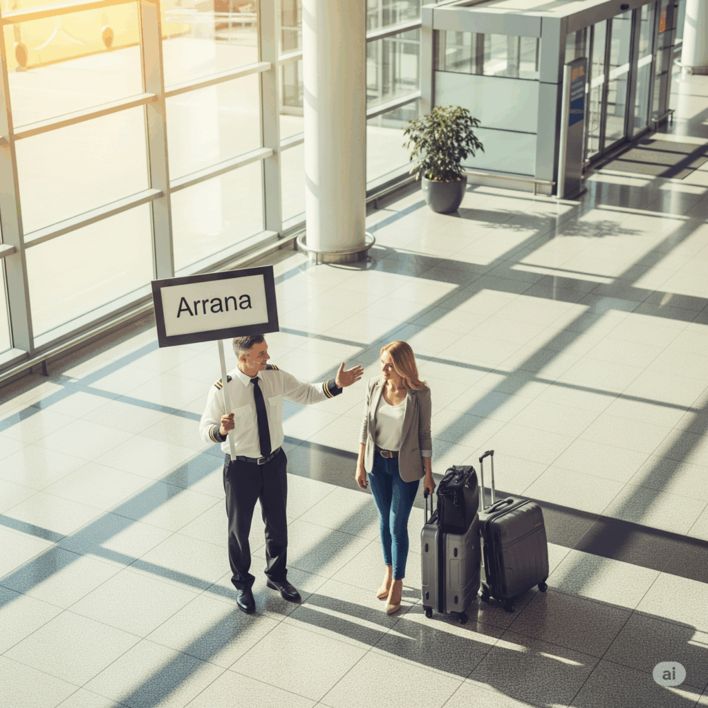 Professional driver greeting a passenger at the airport for a pre-booked Airport to Hikkaduwa transfer, ensuring a stress-free start.