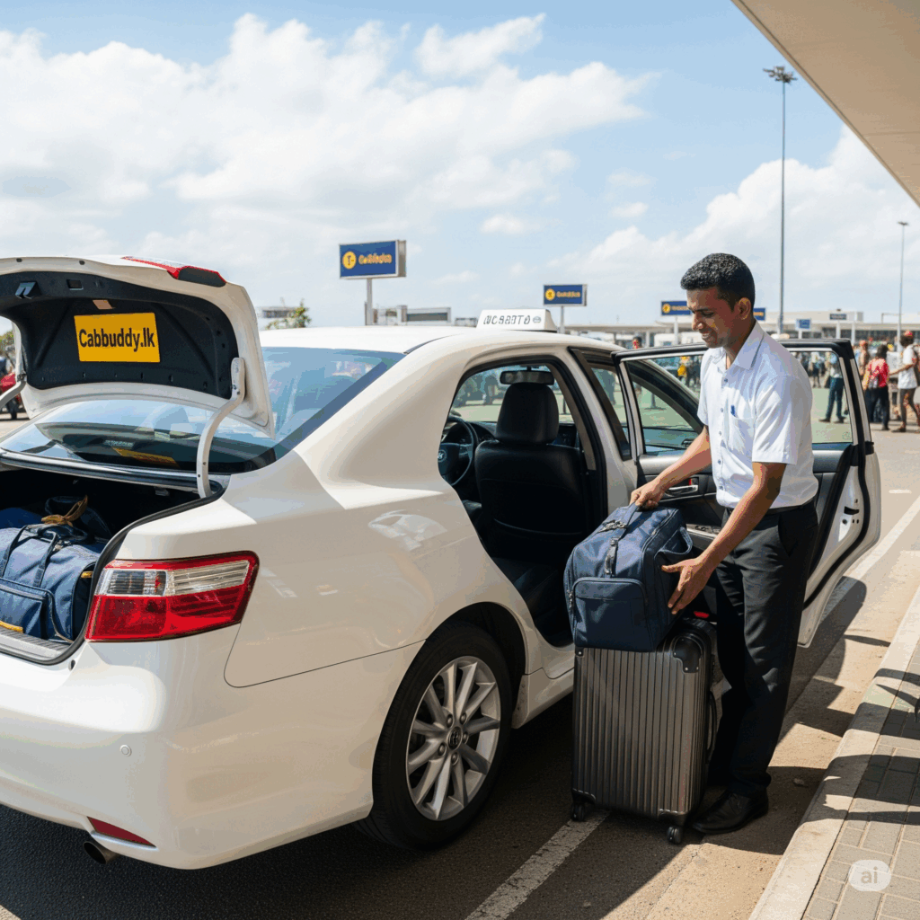A comfortable Cabbuddy.lk sedan ready for an effortless Airport to Bentota transfer, with a driver assisting with luggage.