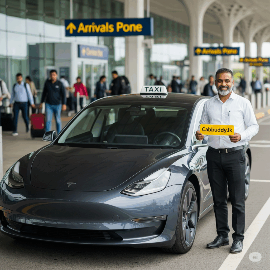 A comfortable sedan waiting at Bandaranaike International Airport (CMB) for an Airport to Kalutara transfer, representing a seamless and stress-free start to your journey.