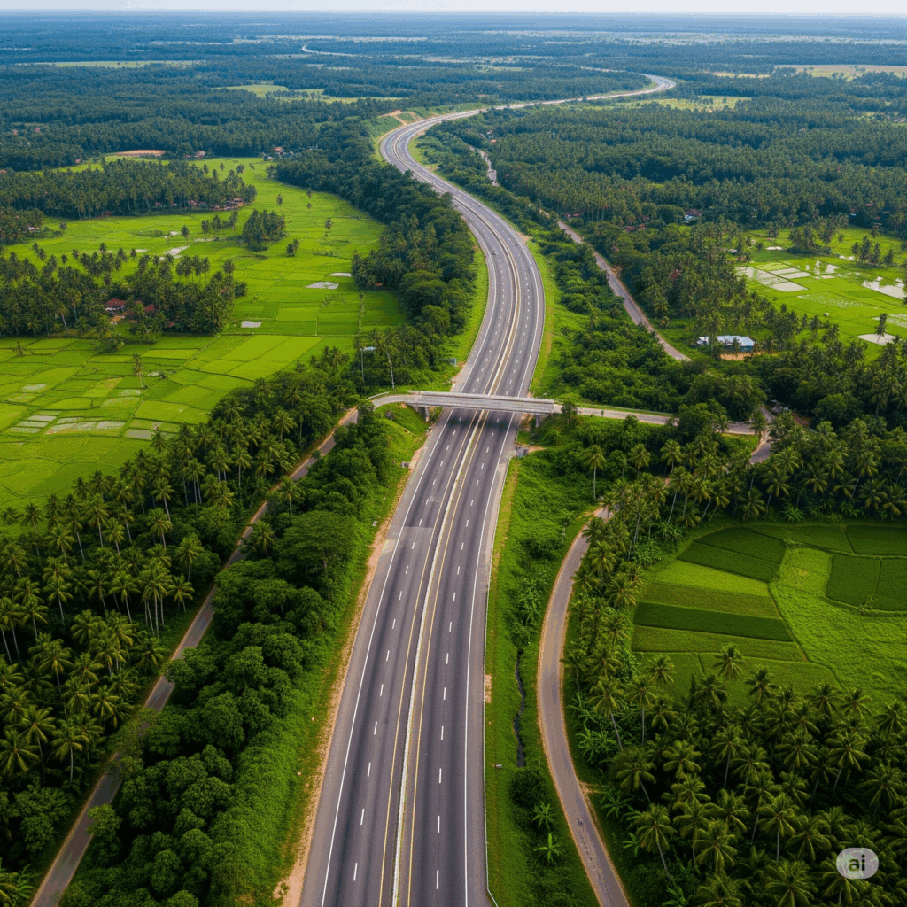 An aerial view of the well-maintained expressway, illustrating the efficient route for your Airport to Kalutara taxi journey through Sri Lanka's beautiful landscapes.