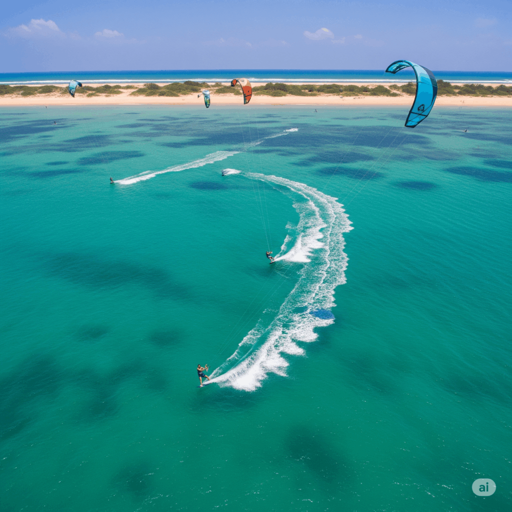 Kitesurfers enjoying the ideal conditions in Kalpitiya, a fantastic destination after your Airport to Kalpitiya transfer.