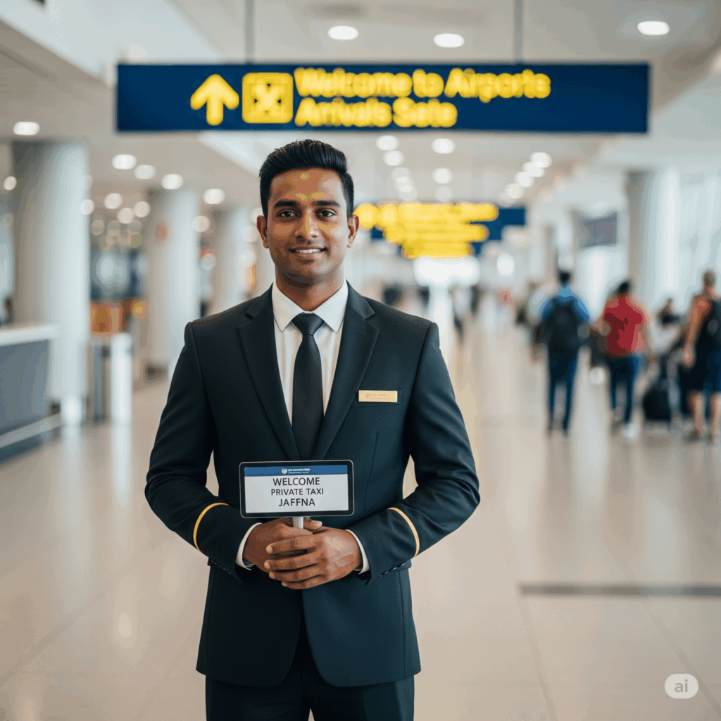 A professional and courteous chauffeur ready to welcome passengers in the airport arrivals hall for their private taxi from Airport to Jaffna.