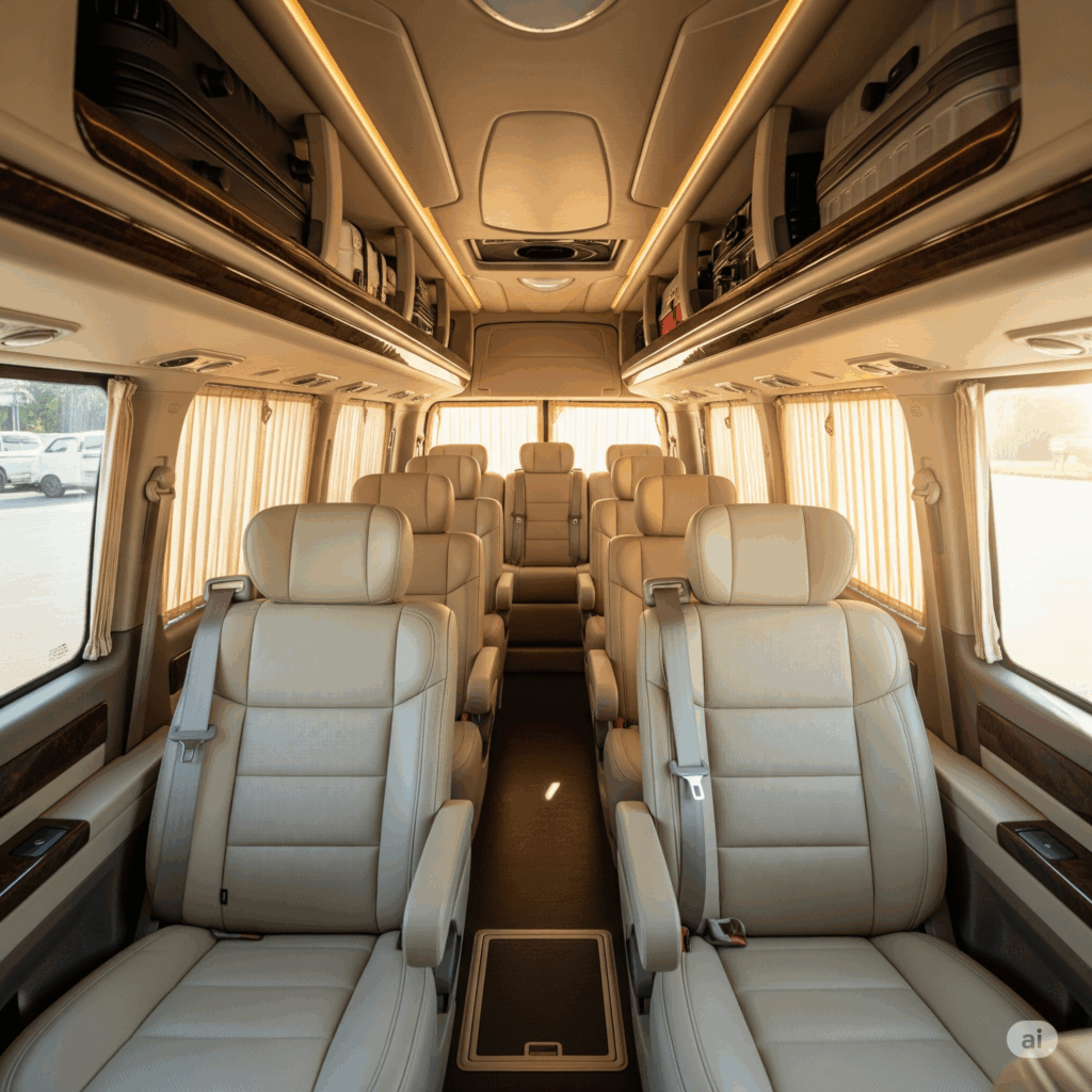Interior of a spacious van, offering ample room for passengers and luggage for a comfortable Airport to Jaffna journey.