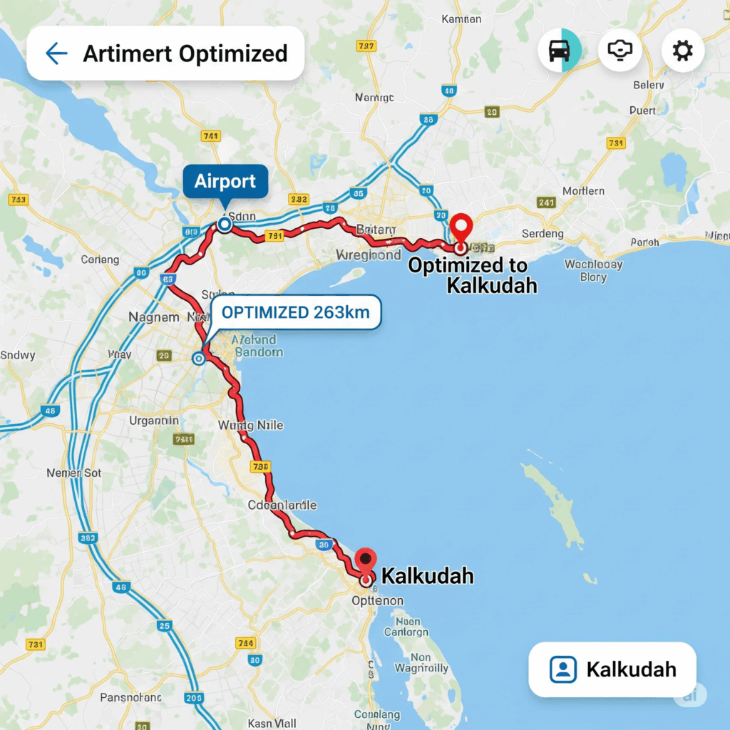 A digital map displaying the optimized 263km route from the Airport to Kalkudah, illustrating the efficient and direct path our taxi service takes.