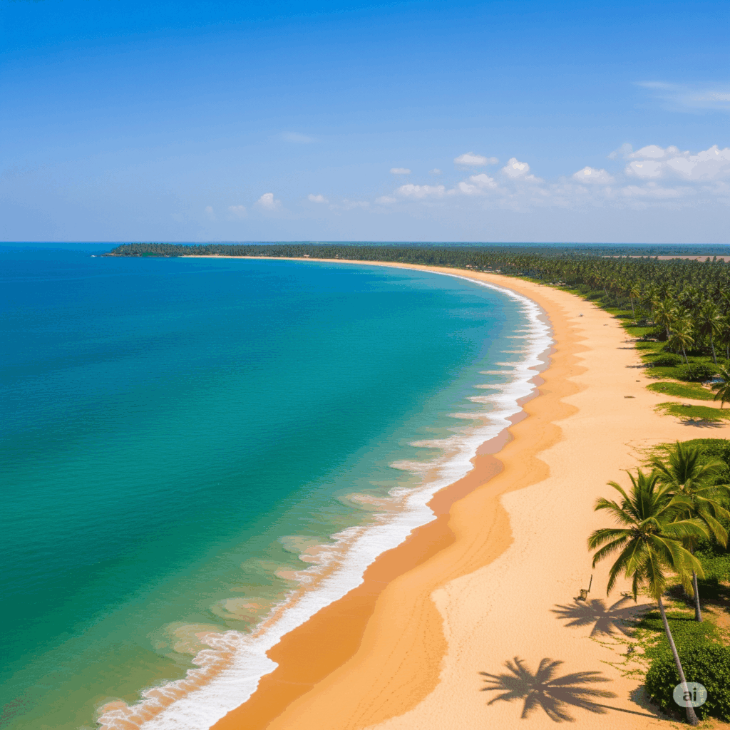 A breathtaking aerial view of the serene Kalkudah beach with calm, clear blue waters and golden sands, the perfect destination after your Airport to Kalkudah transfer.