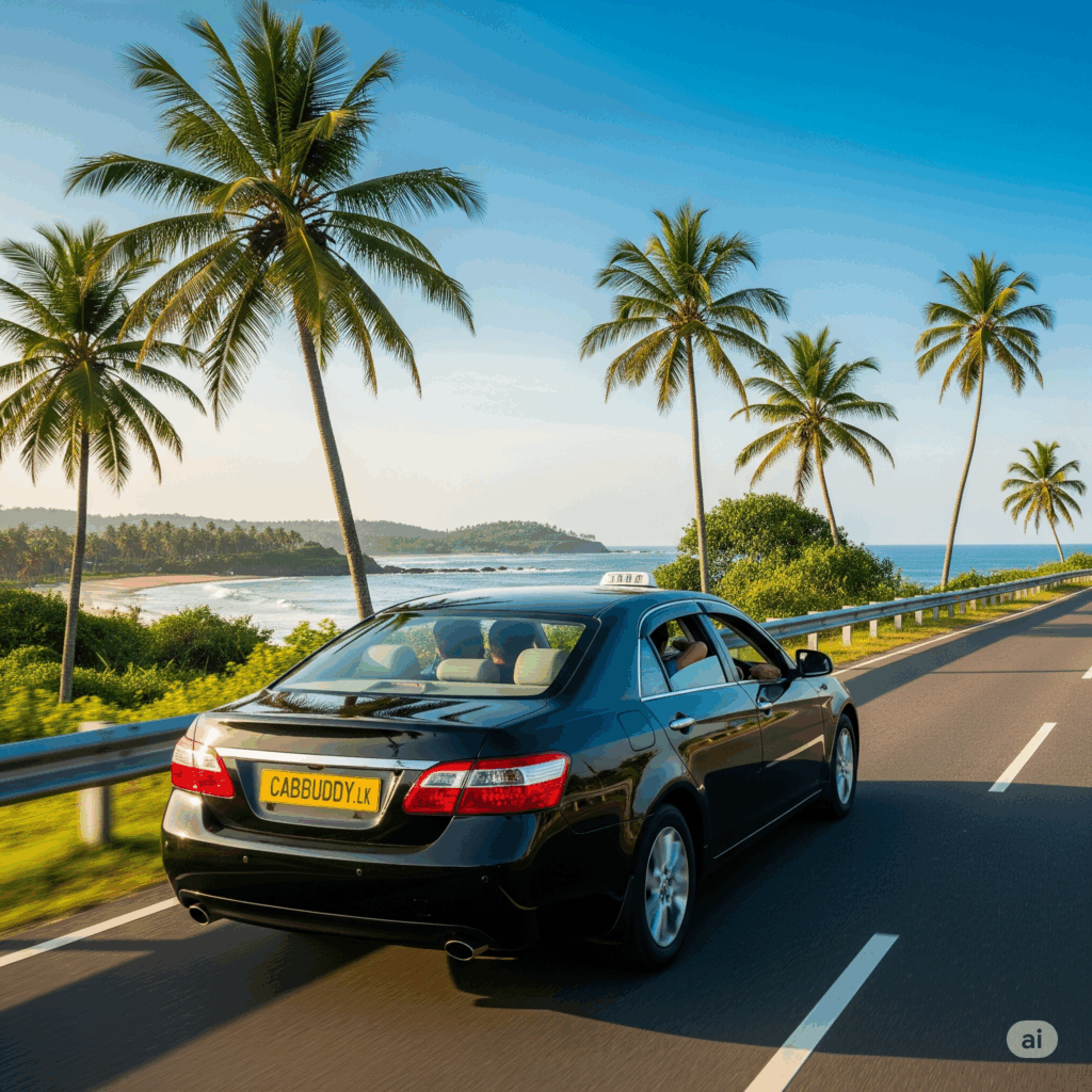 Private taxi on a scenic road, offering a comfortable and hassle-free Airport to Nilaveli transfer experience with Cabbuddy.lk.