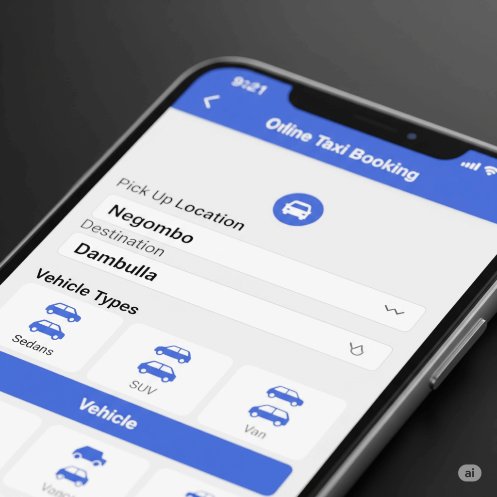 Online booking screen for a taxi, illustrating the easy process to book your Negombo to Dambulla transfer with Cabbuddy.lk.