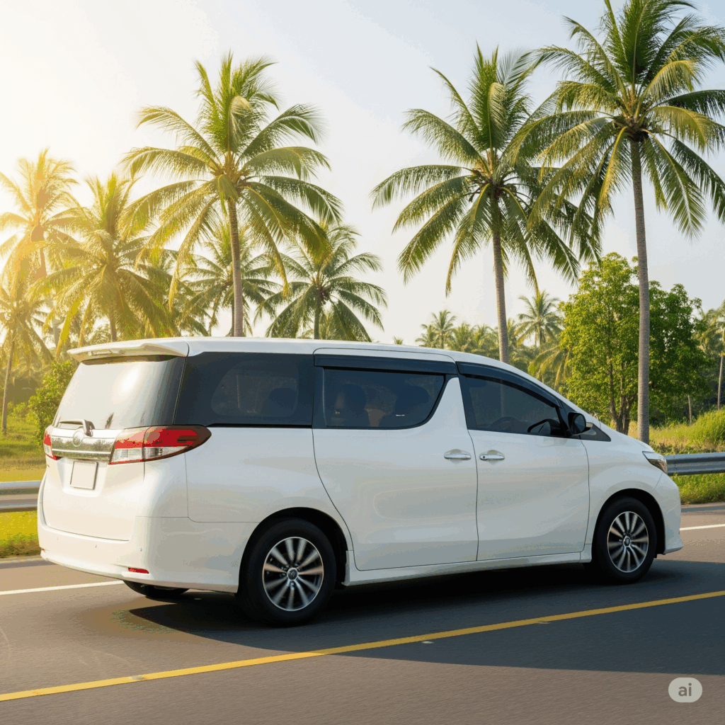 A comfortable taxi on a scenic road, symbolizing an effortless journey from Negombo to Dambulla.