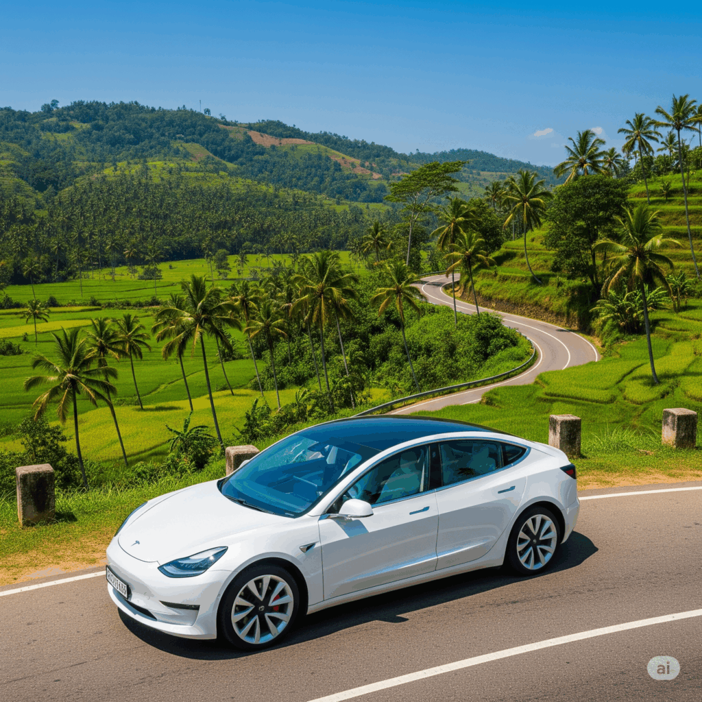 A comfortable, air-conditioned sedan on a scenic road, ready for your seamless Negombo to Pasikuda transfer.