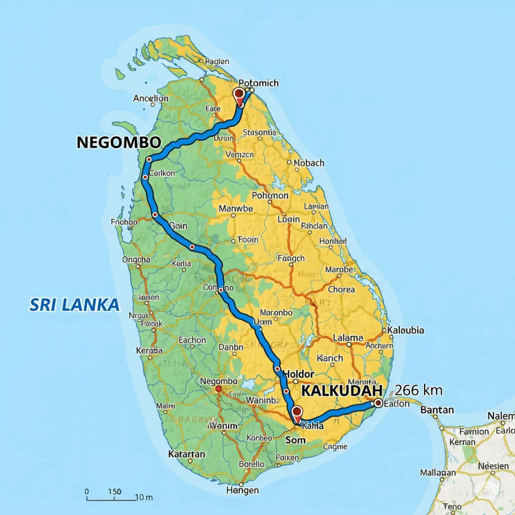Map showing the 266km scenic route for your Negombo to Kalkudah taxi journey across Sri Lanka.