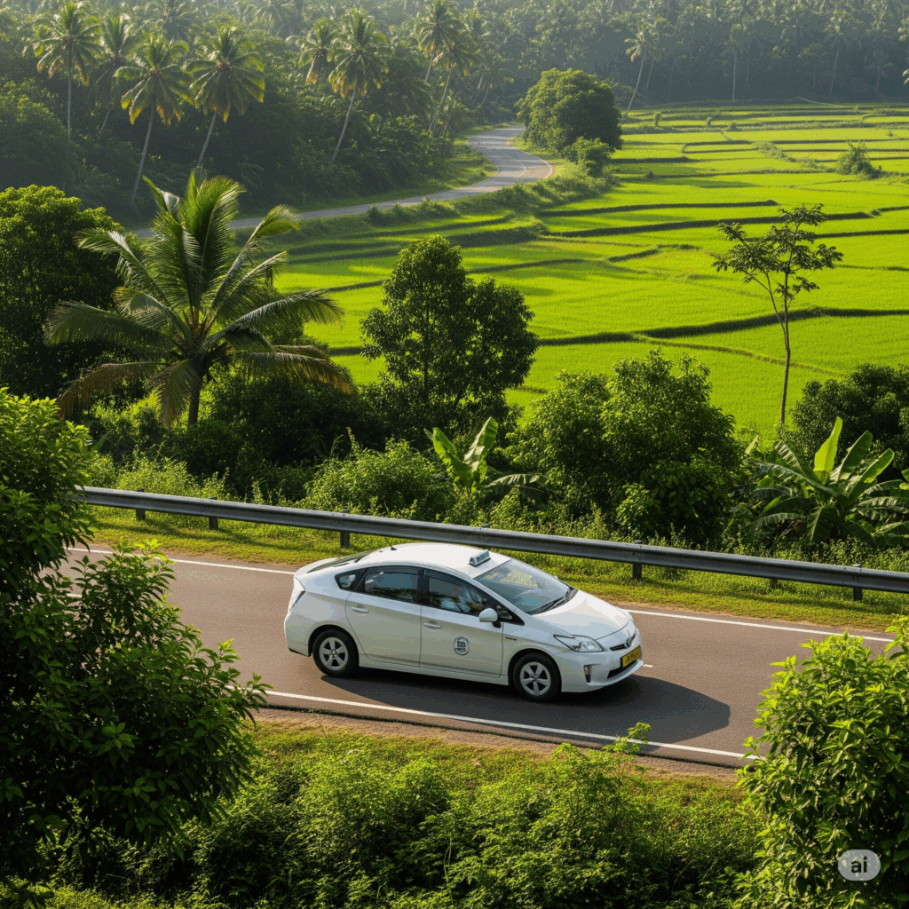 A comfortable taxi on a scenic road, representing a smooth Negombo to Arugam Bay journey.