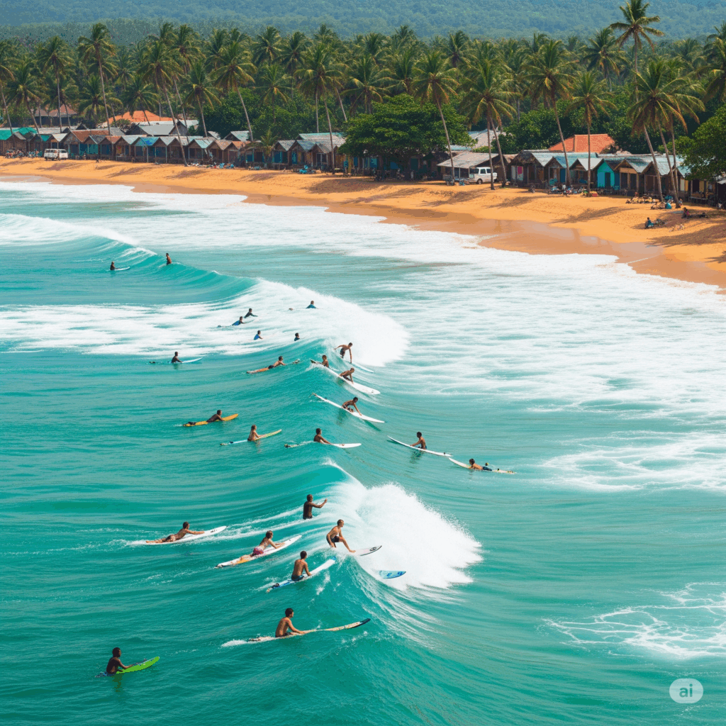 The vibrant surf paradise of Arugam Bay with surfers in the water, the perfect destination after a comfortable Negombo to Arugam Bay taxi ride.