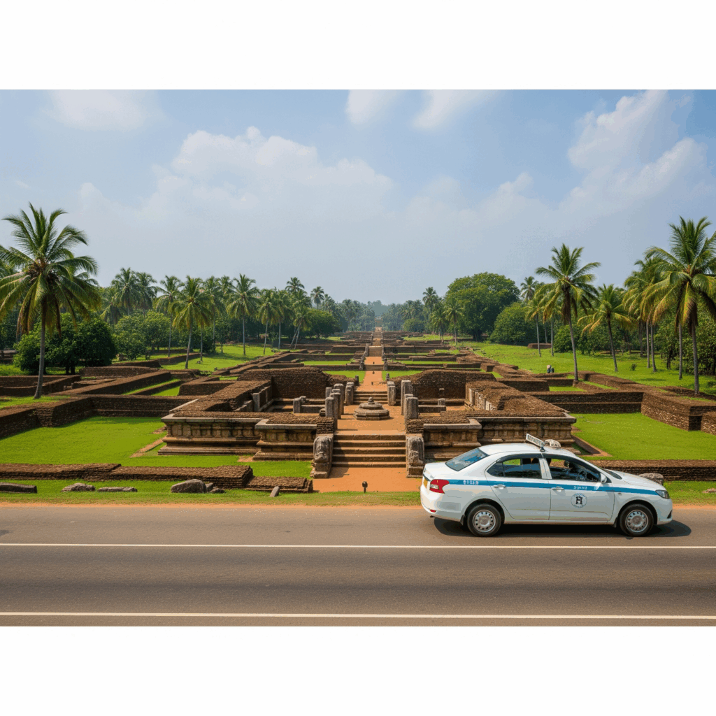 An aerial or wide shot of the ancient city of Polonnaruwa, showcasing some of its iconic ruins like the Gal Vihara statues or a large stupa, with palm trees and a clear blue sky.