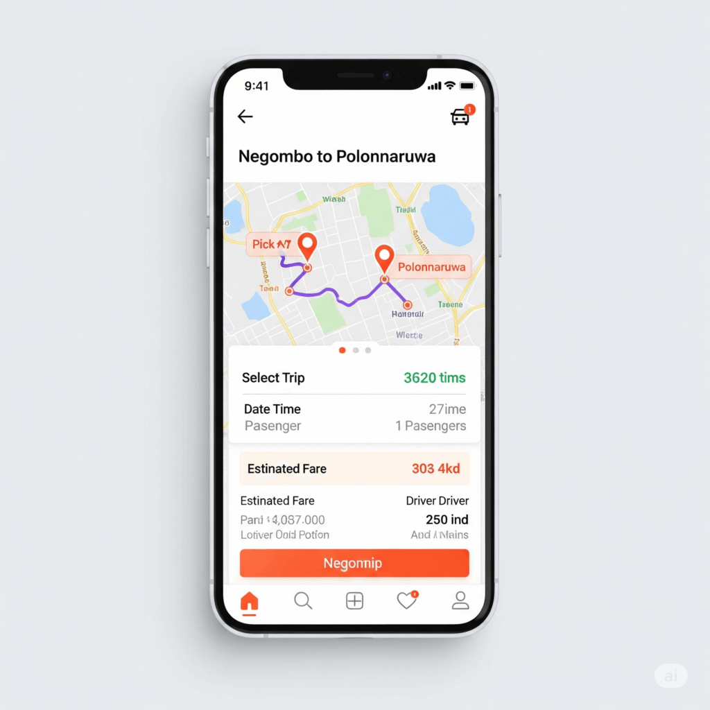 A user-friendly online booking platform on a smartphone, illustrating the easy process of reserving a taxi for your Negombo to Polonnaruwa trip.